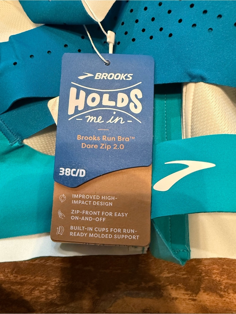 Brooks Dare Zip Run Bra Teal & Blue Front-Zip High Support Sports Bra - Picture 3 of 3